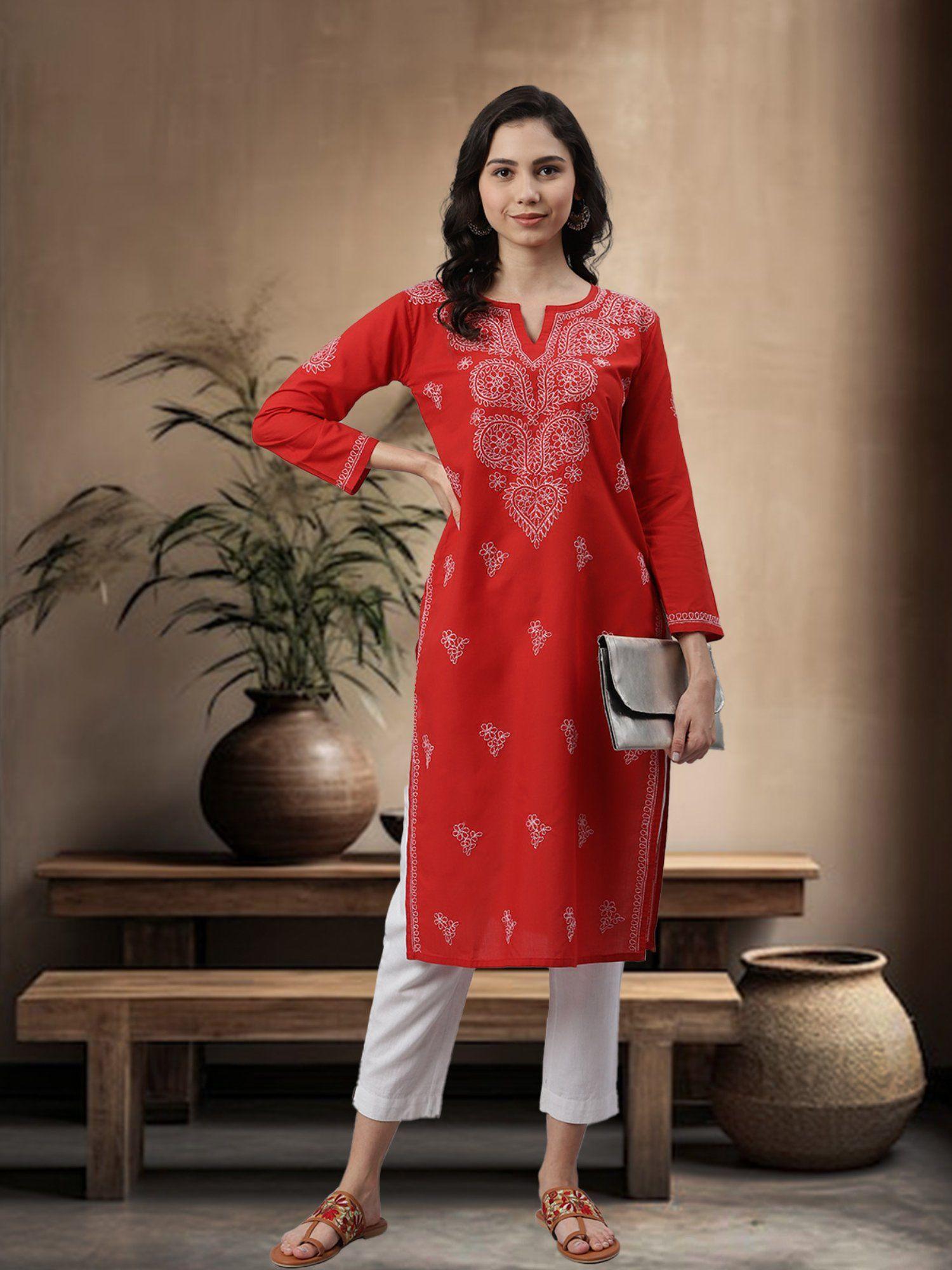 red lucknowi chikankari cotton kurta [a100353]