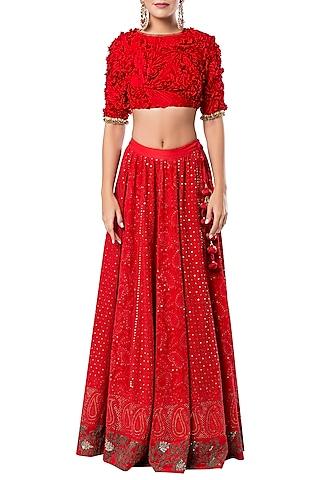 red lucknowi embroidered lehenga set
