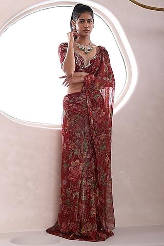 red lurex chiffon & organza pre-draped saree set