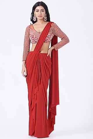 red lycra rayon draped saree set