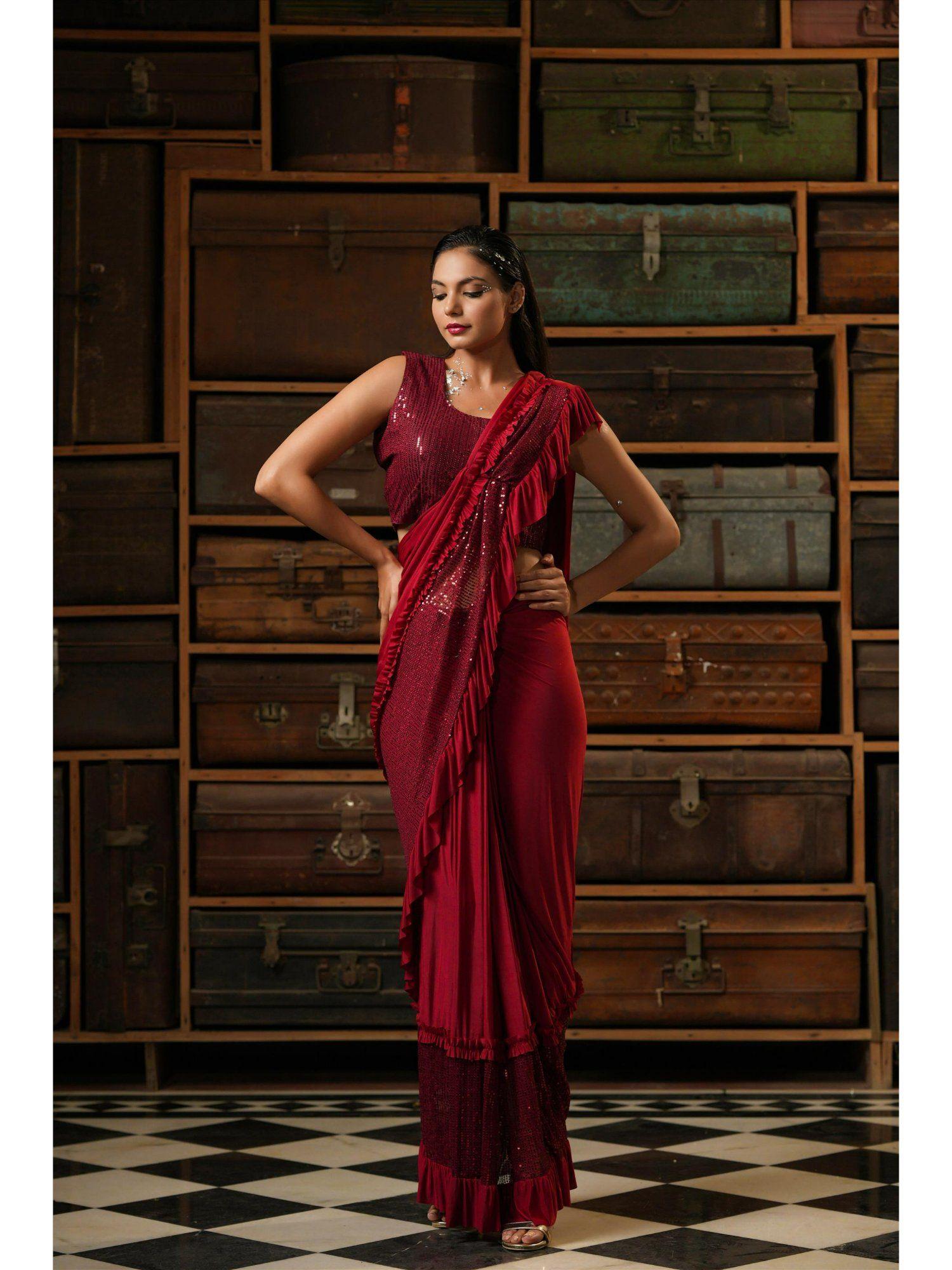 red lycra ready to wear pre draped cocktail sequinned saree with stitched blouse