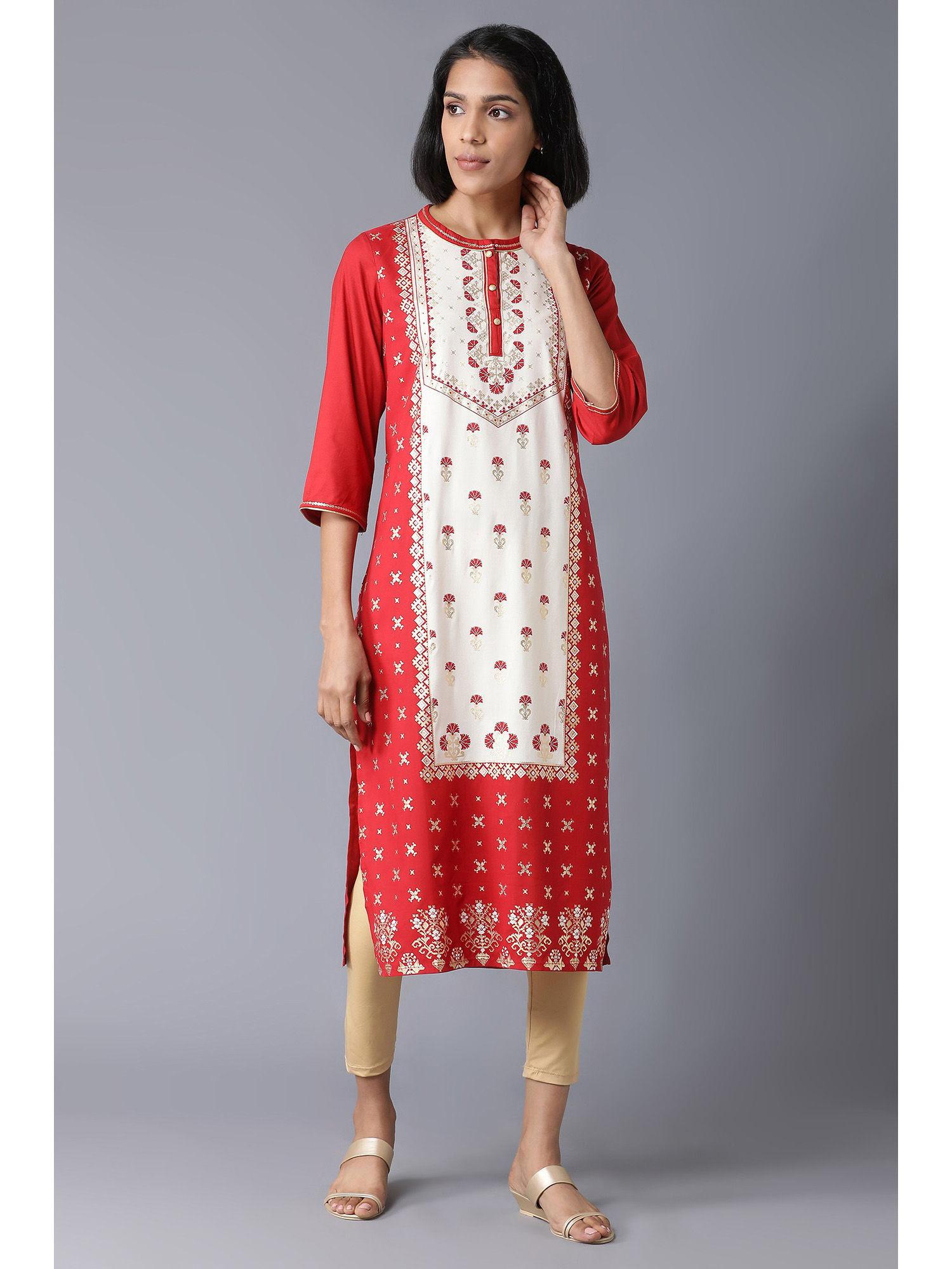 red mandarin collar foil print kurta