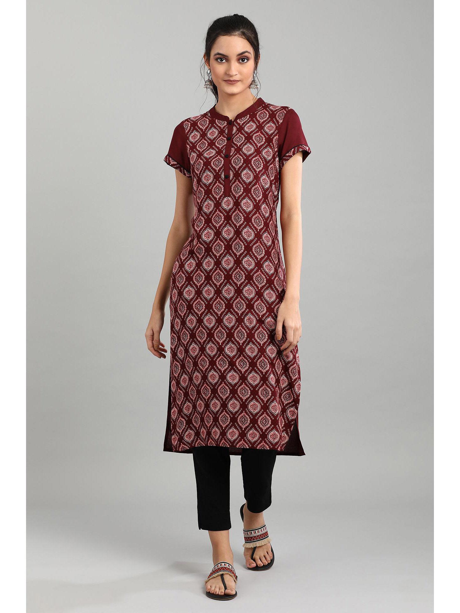 red mandarin collar printed kurta