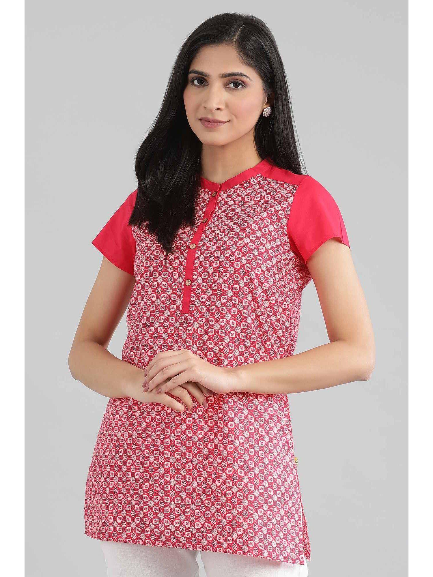 red mandarin collar printed kurti