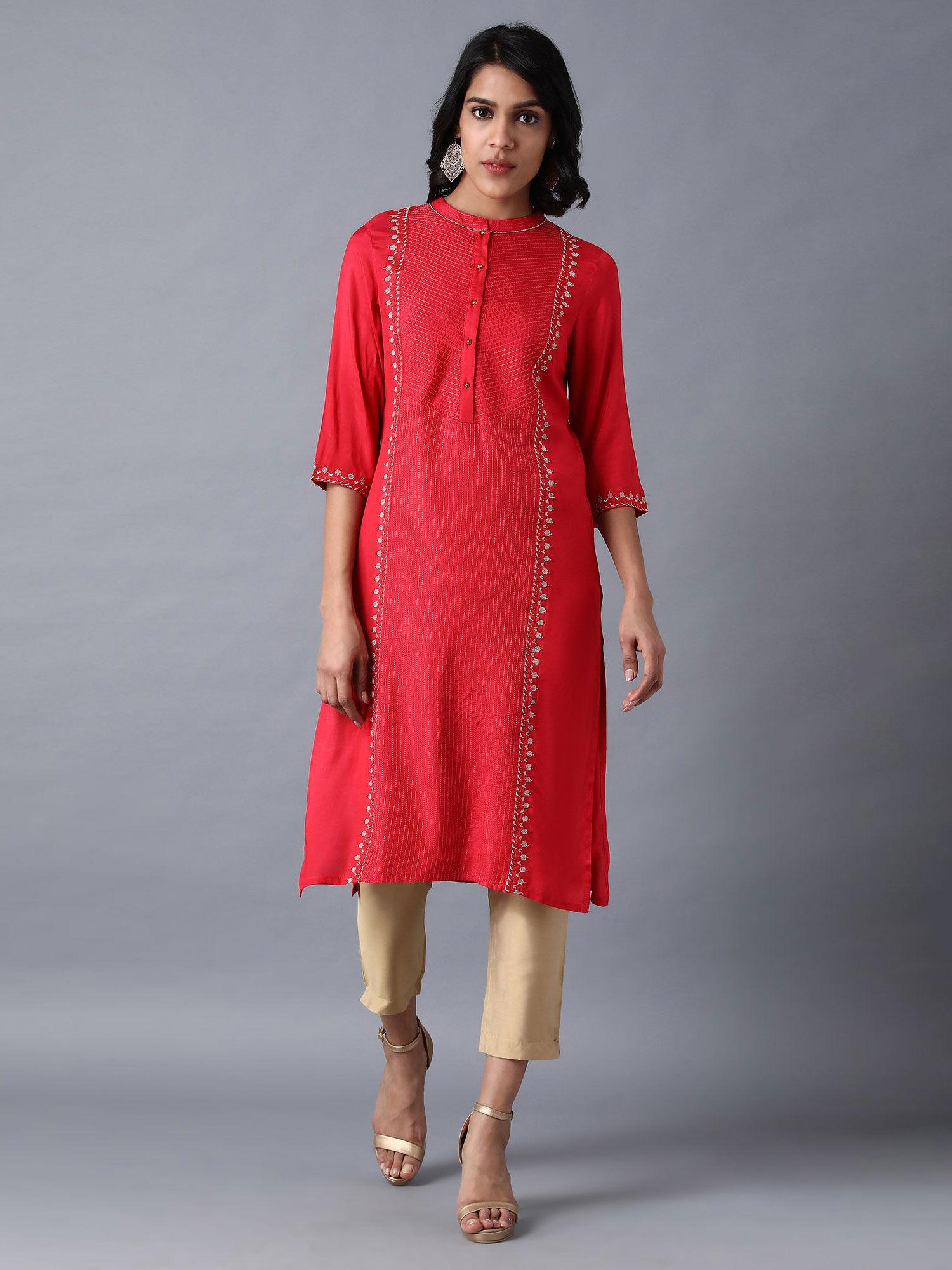 red mandarin neck embroidered kurta