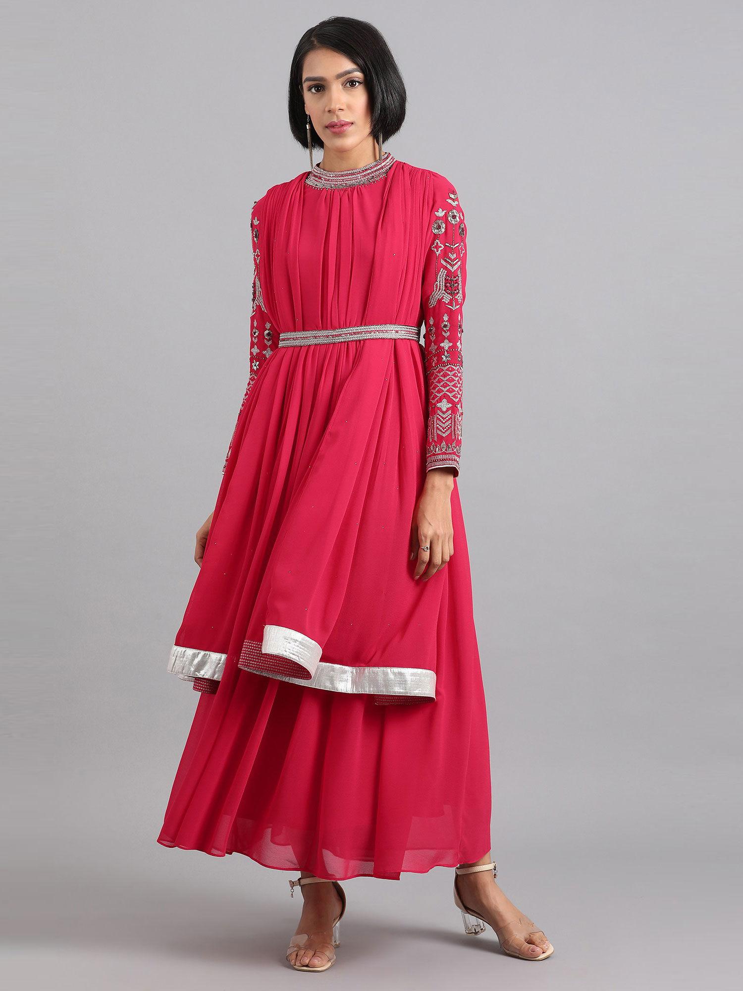 red mandarin neck gathered dress