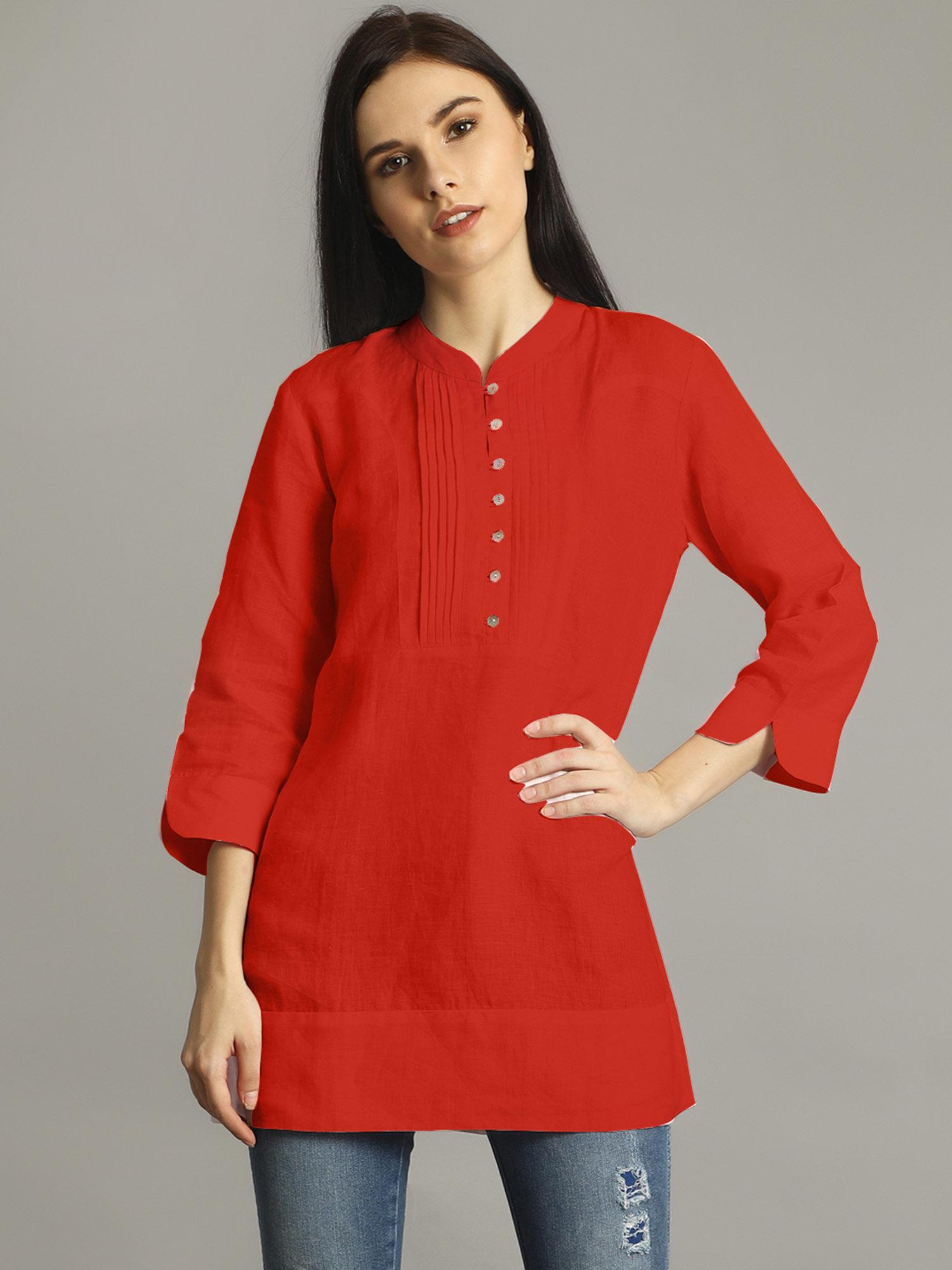 red mandarin neck pleated tunic