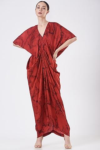 red marble printed draped dress