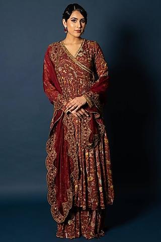 red-maroon pure chiffon embroidered & printed anarkali set