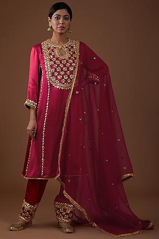 red mashru silk hand embroidered kurta set