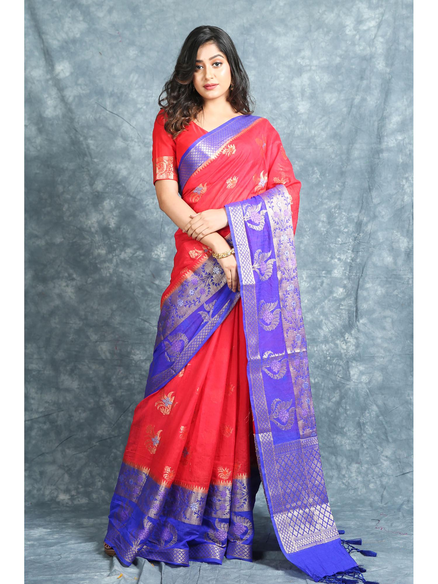 red matka silk soft saree with unstitched blouse