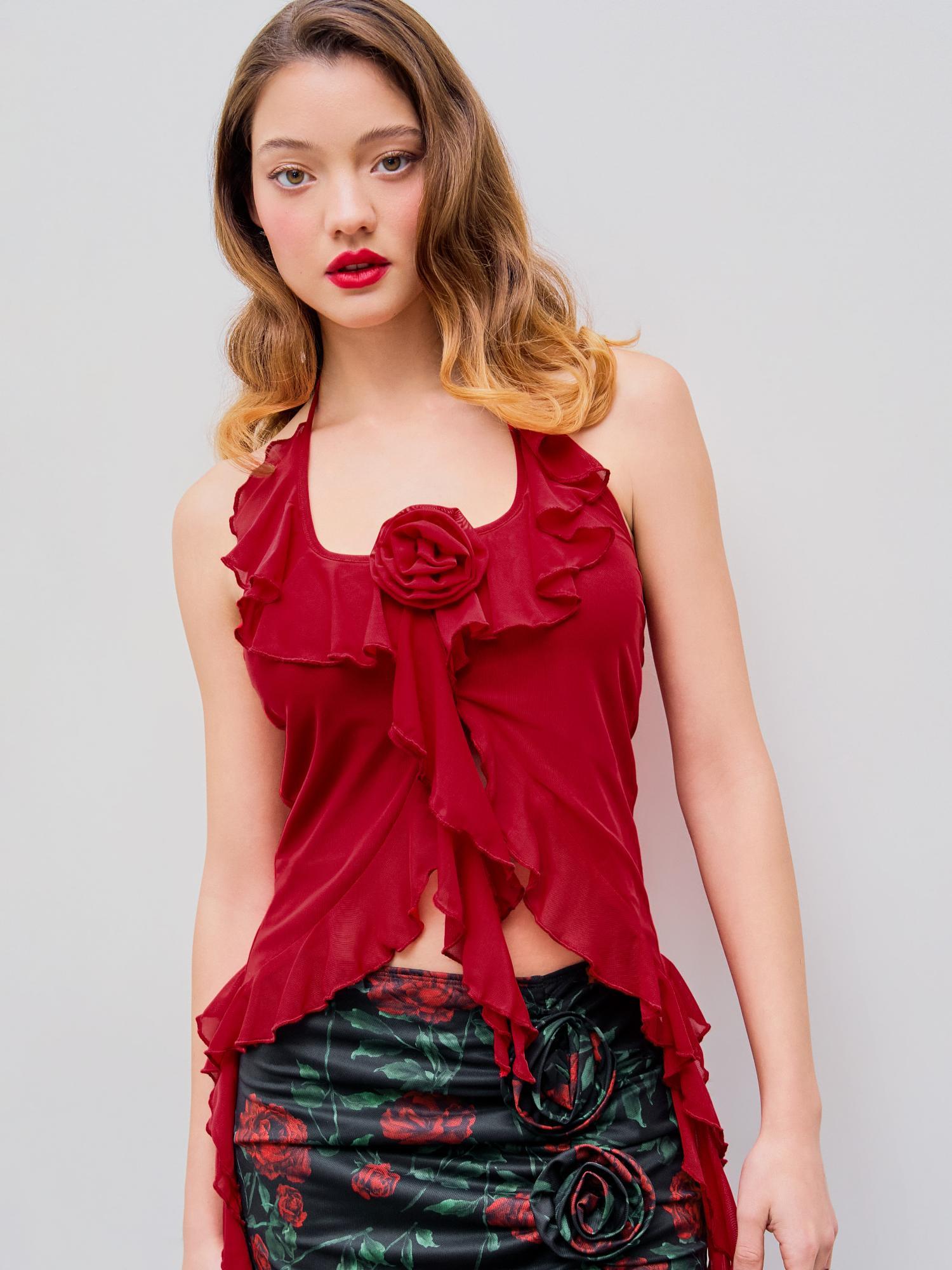 red mesh halter neck rosette ruffle hem top