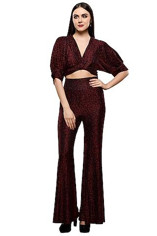 red metallic crop top with palazzo pants