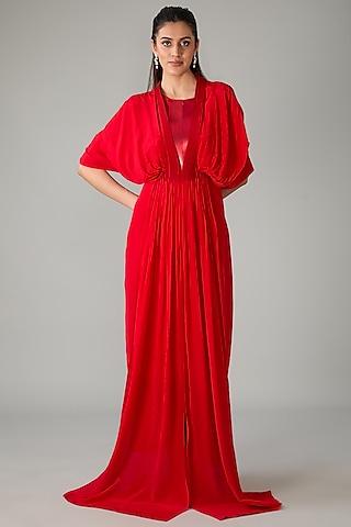 red metallic polymer & crepe chiffon gown