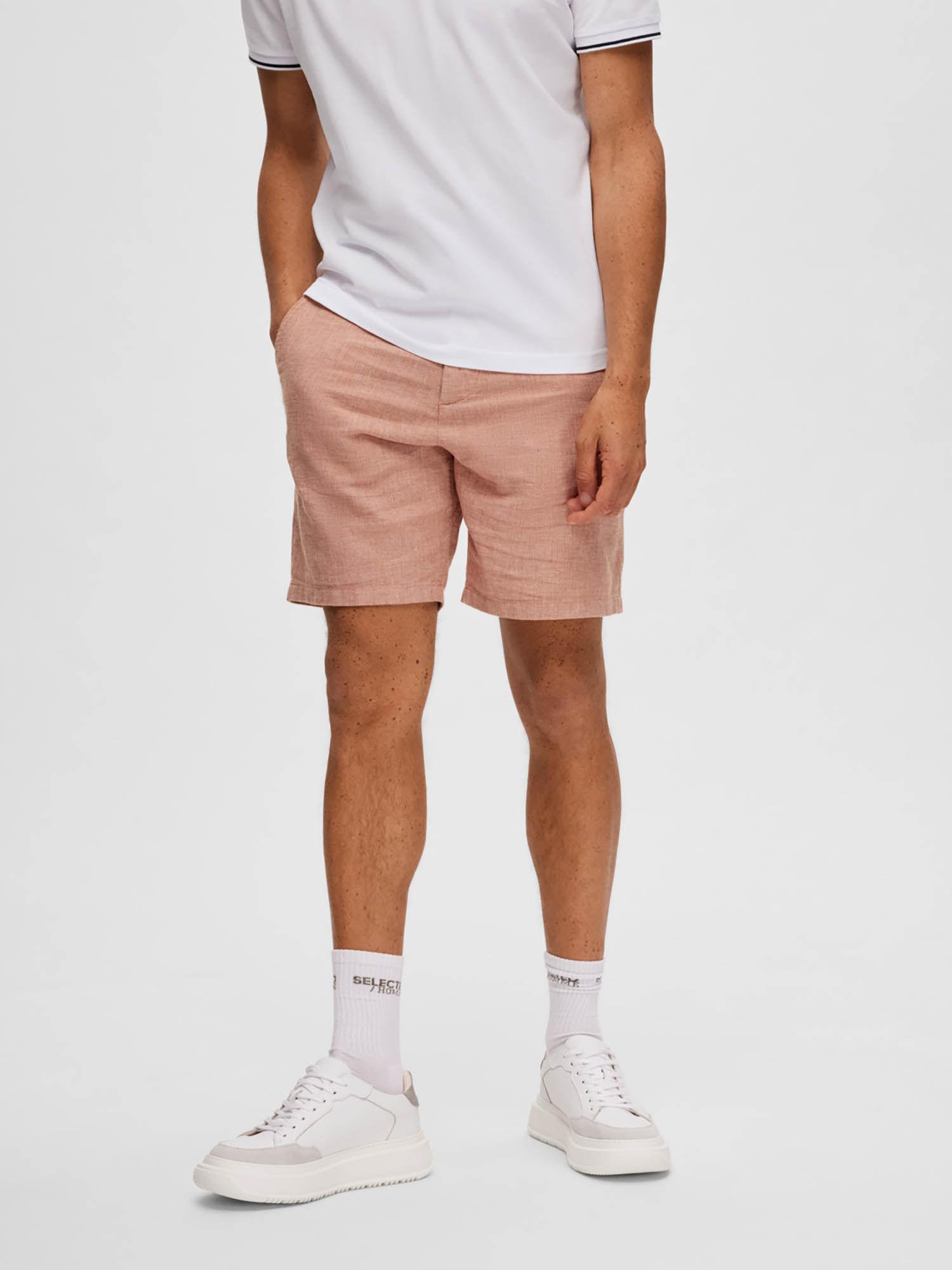 red mid rise linen shorts