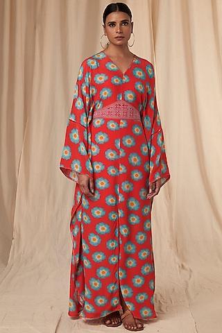 red mid size crazy daisy kaftan dress with belt