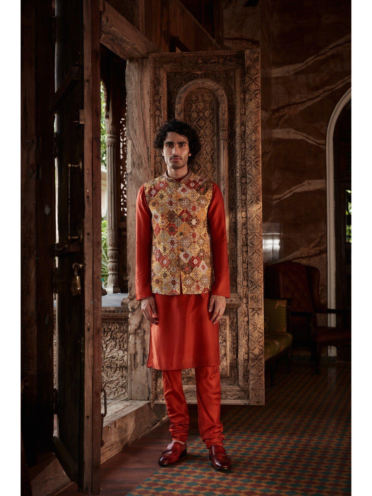 red mihir kurta with churidar and nehru jacket (set of 3)