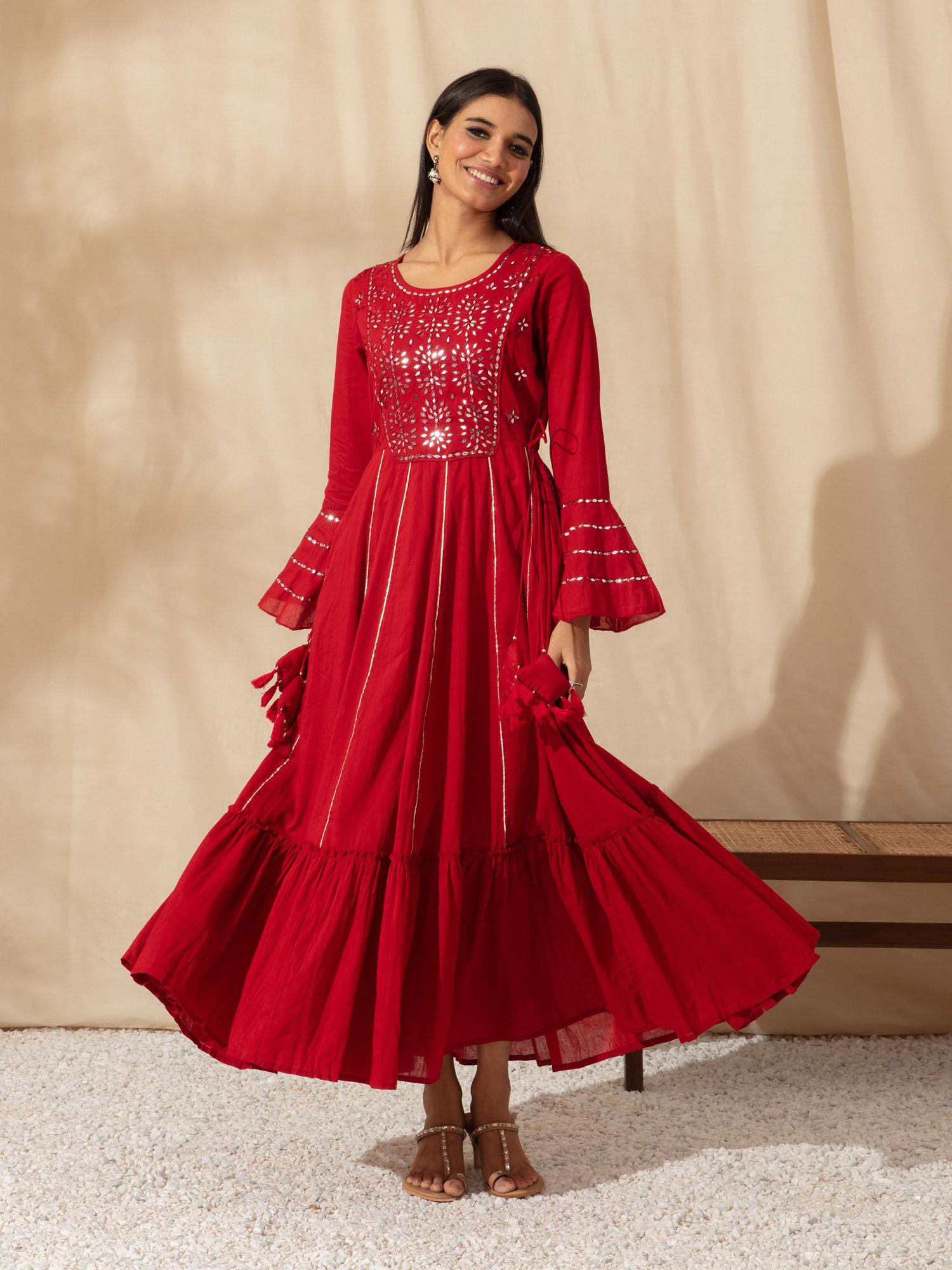 red mirror work anarkali kurta likdrs14