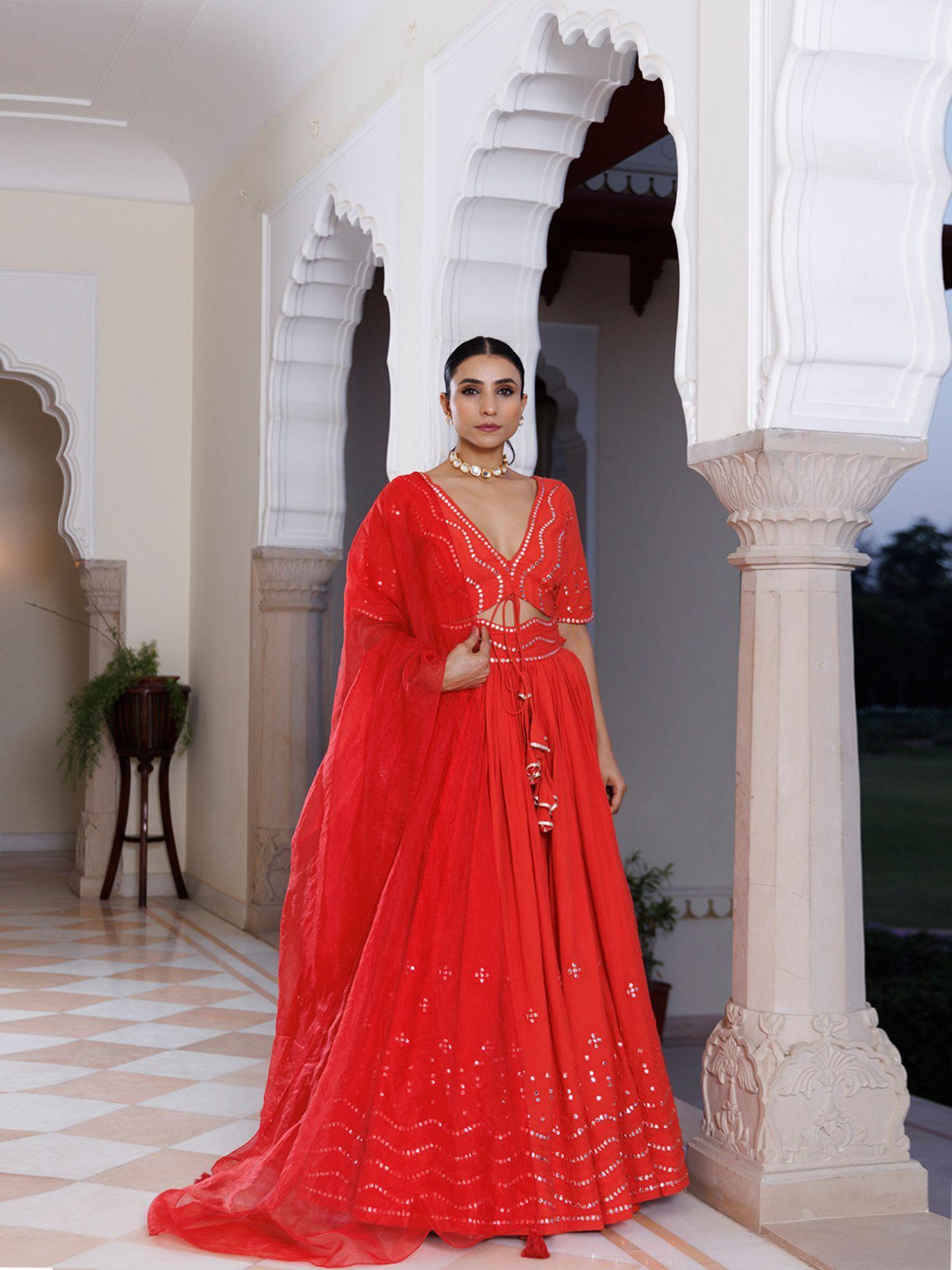 red mirror work embroidered cotton choli with lehenga & dupatta (set of 3)