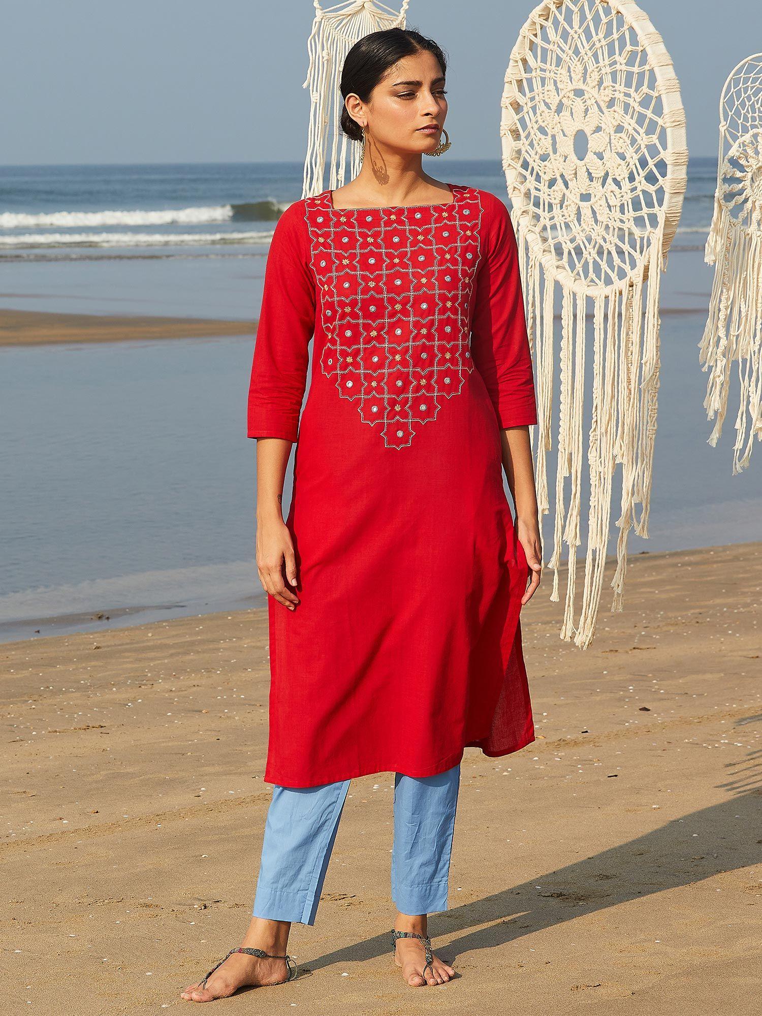 red mirror work kurta