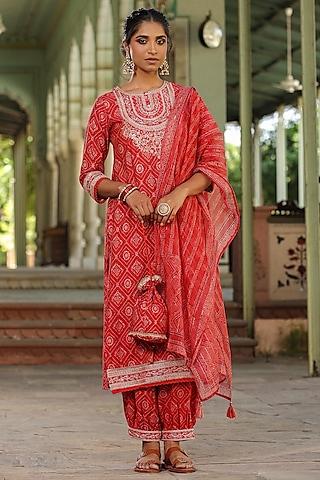 red modal chanderi printed kurta set