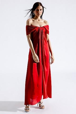 red modal satin off-shoulder maxi dress