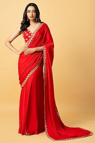 red modal satin zari hand embroidered pre-draped saree set