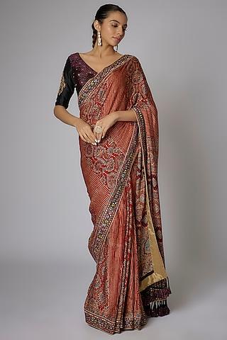 red modal silk block printed & tassel embroidered saree set