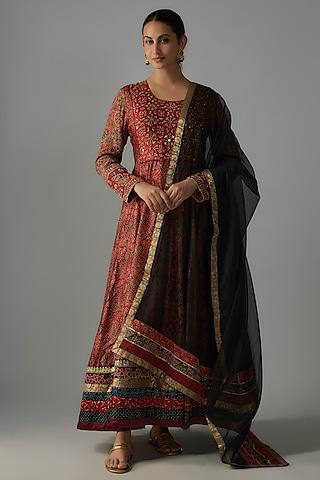 red modal silk hand embroidered ajrakh anarkali set