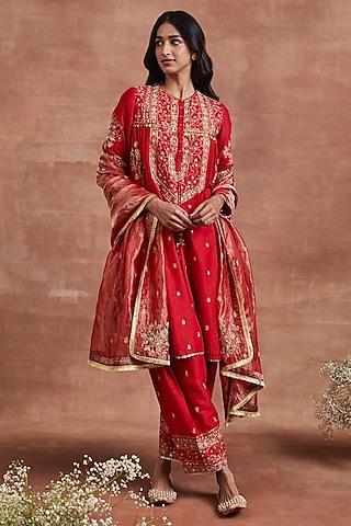 red moonga silk gold aari embroidered kalidar kurta set