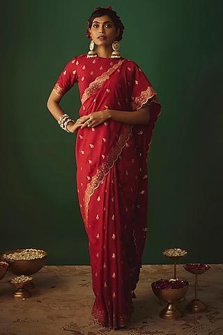 red moonga silk woven zari work saree set