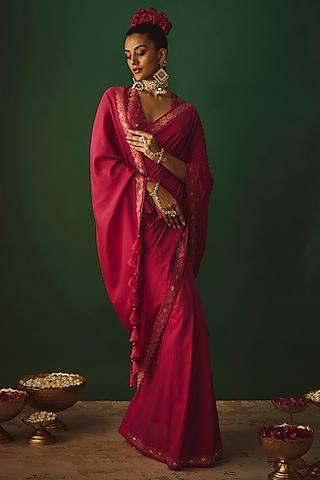 red moonga silk woven zari work saree set