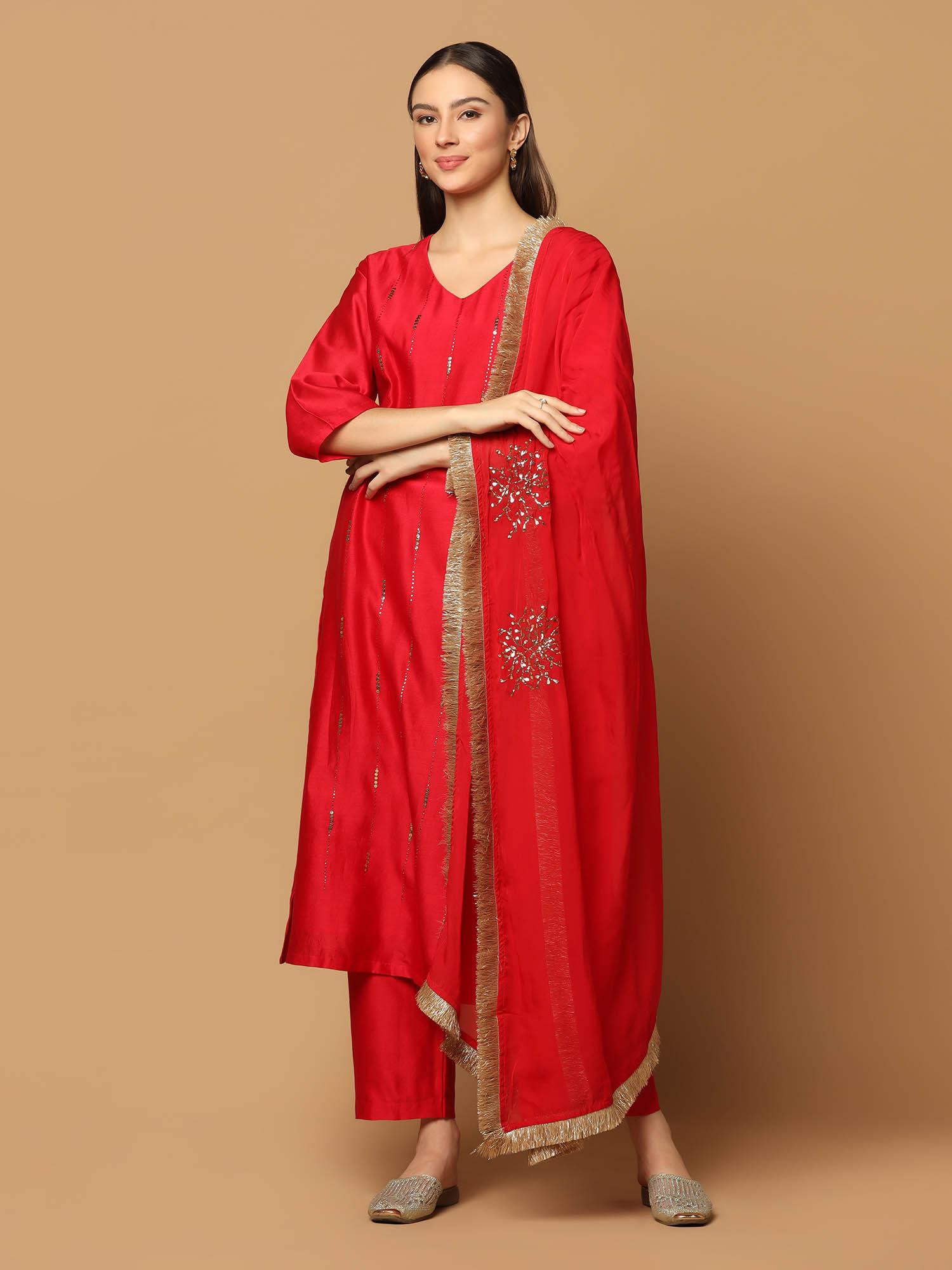 red mukaish kurta with pant and dupatta (set of 3)