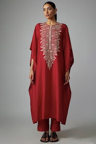 red mulberry silk embroidered kaftan set