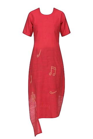 red music notes motif embroidered tunic dress