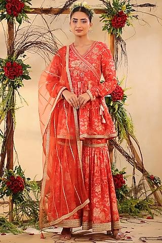 red muslin angrakha anarkali set