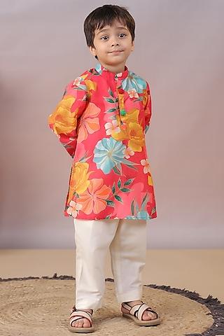 red muslin floral printed kurta set for boys