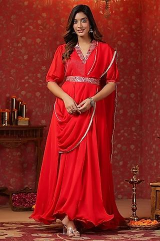 red natural crepe embroidered draped dress with belt