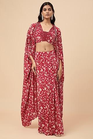 red natural crepe hand embroidered & floral printed cape set