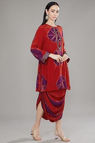 red natural crepe tassels embroidered kurta set