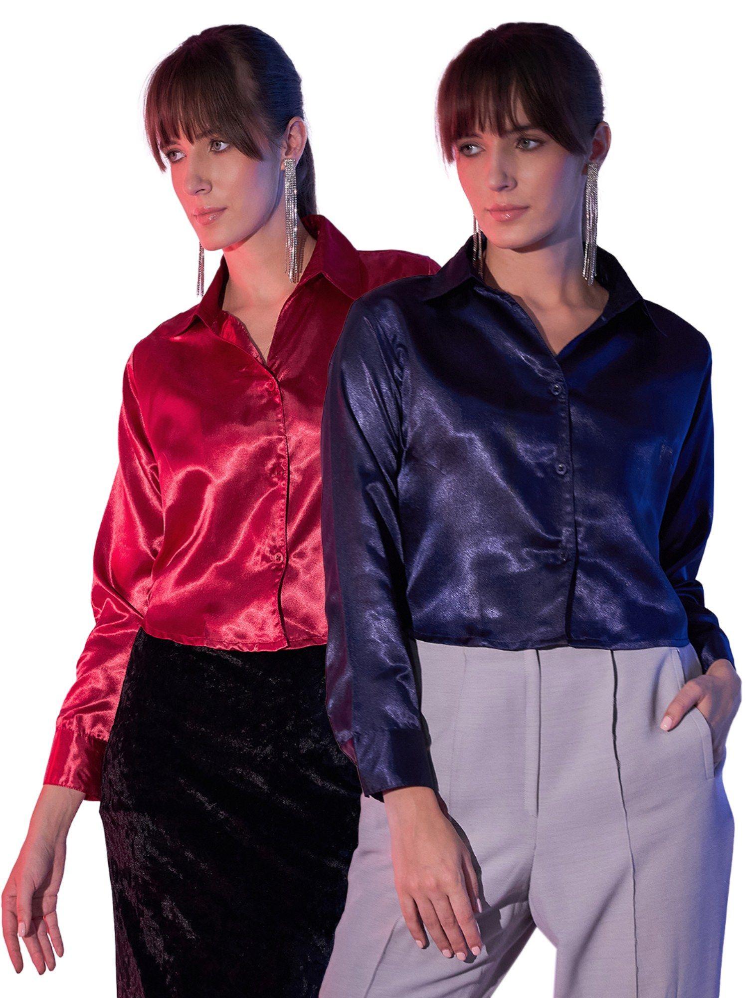 red navy womens cropped satin shirts combo (pack of 2)