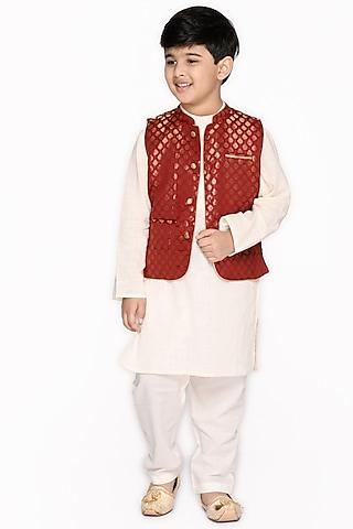 red nehru jacket with kurta set for boys