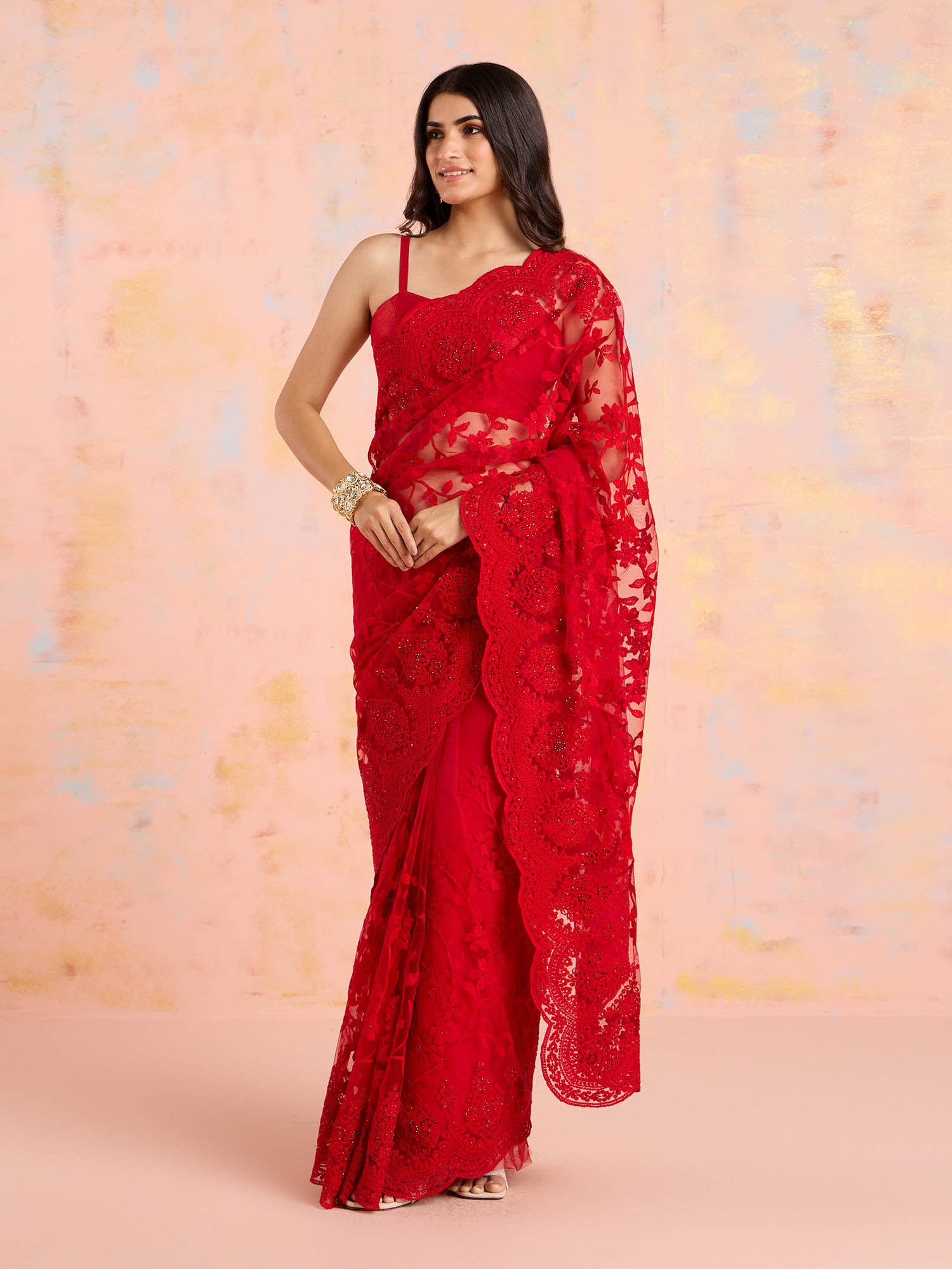 red net embellished and embroidered saree with unstitched blouse and petticoat likparsar01