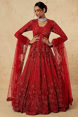 red net embellished gown with dupatta