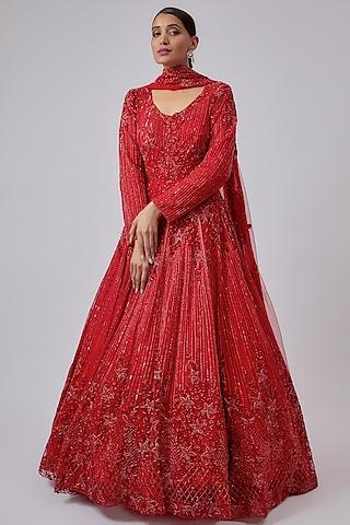 red net embroidered gown with dupatta