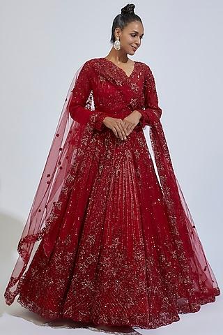 red net embroidered gown with dupatta