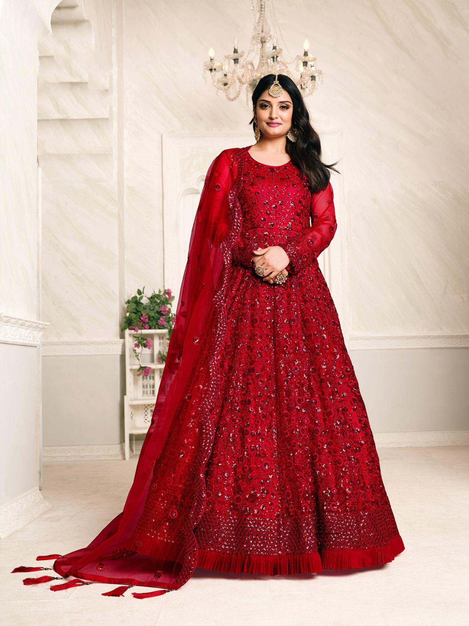 red net embroidered semi stitched dress material with inner (set of 4)