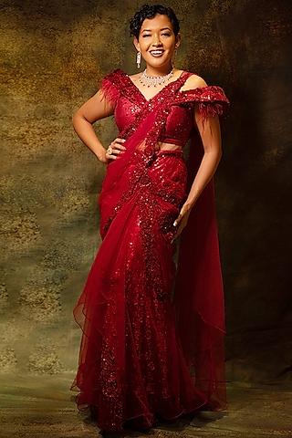 red net hand embroidered draped skirt saree set