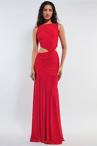 red net ruched maxi dress