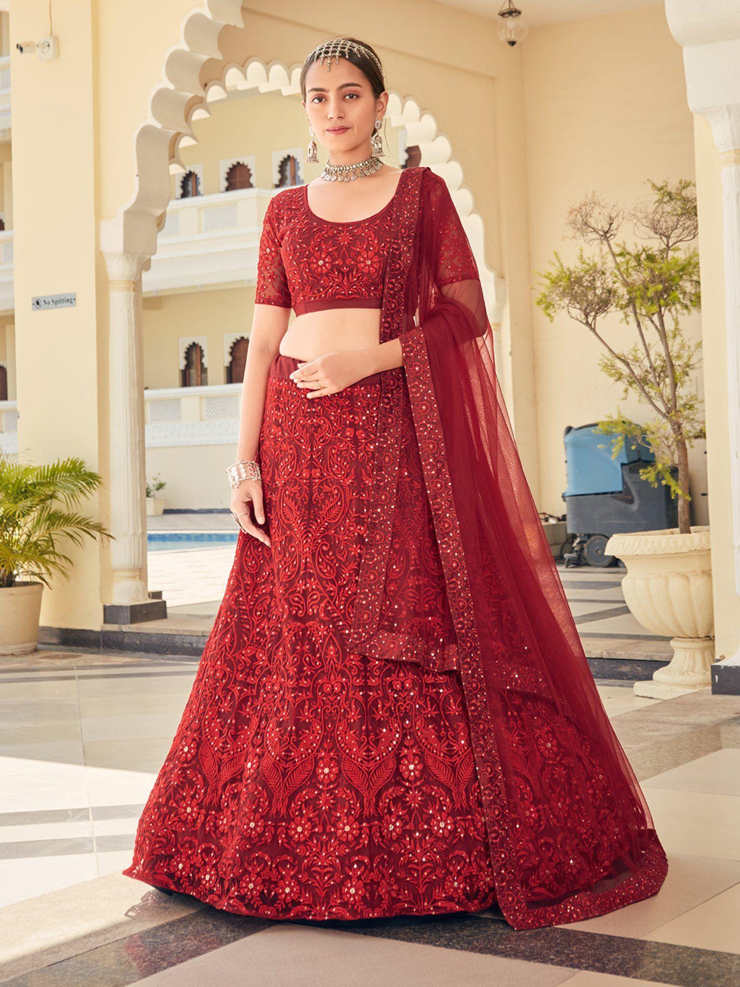 red net semi-stitched lehenga & unstitched blouse with dupatta (set of 3)